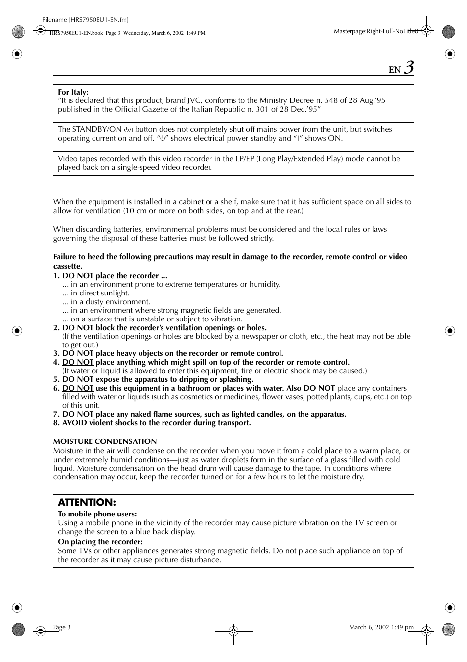 Attention | JVC HR - S7950EU User Manual | Page 3 / 72