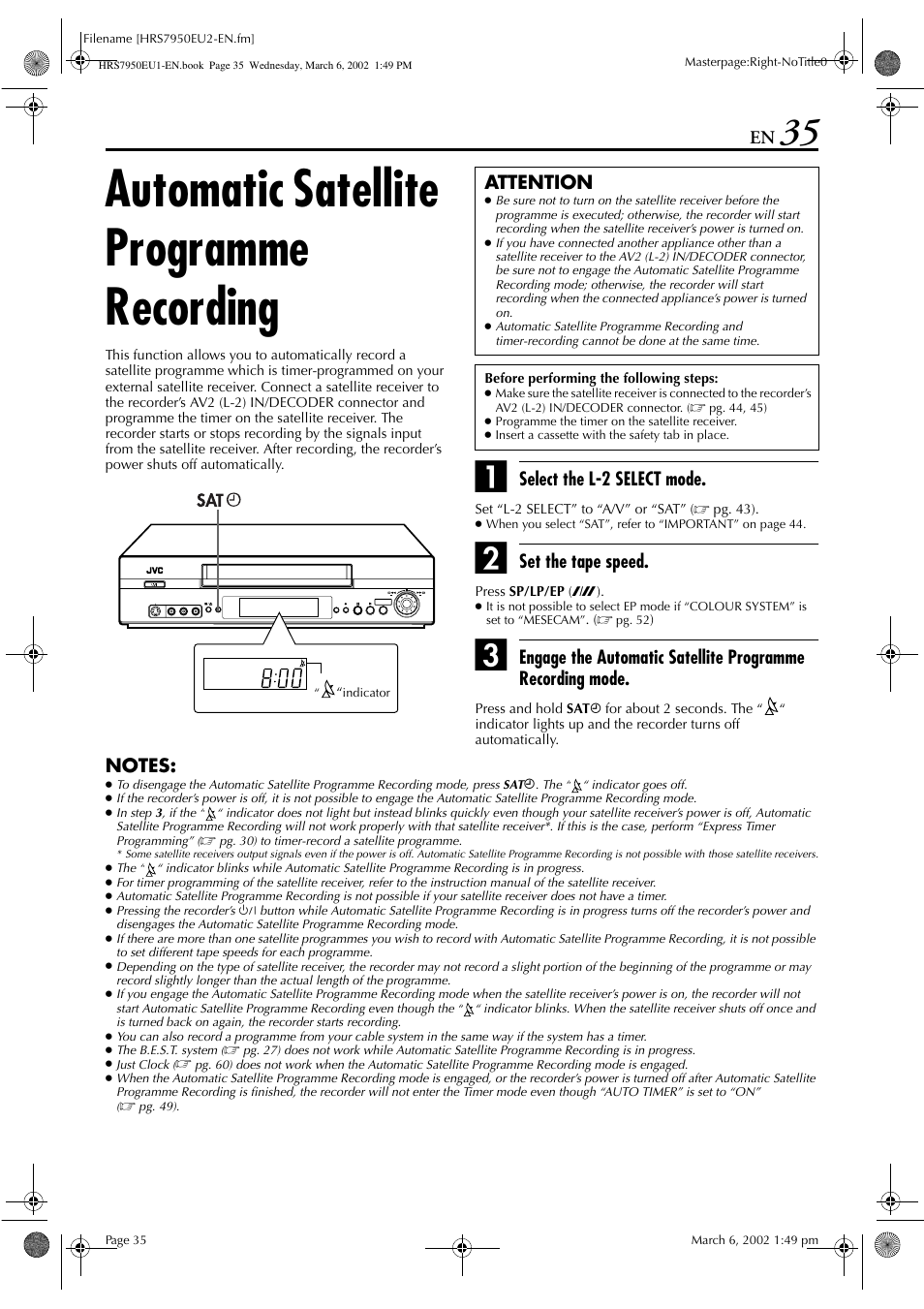 Automatic satellite programme recording, Select the l-2 select mode, Set the tape speed | Attention | JVC HR - S7950EU User Manual | Page 35 / 72