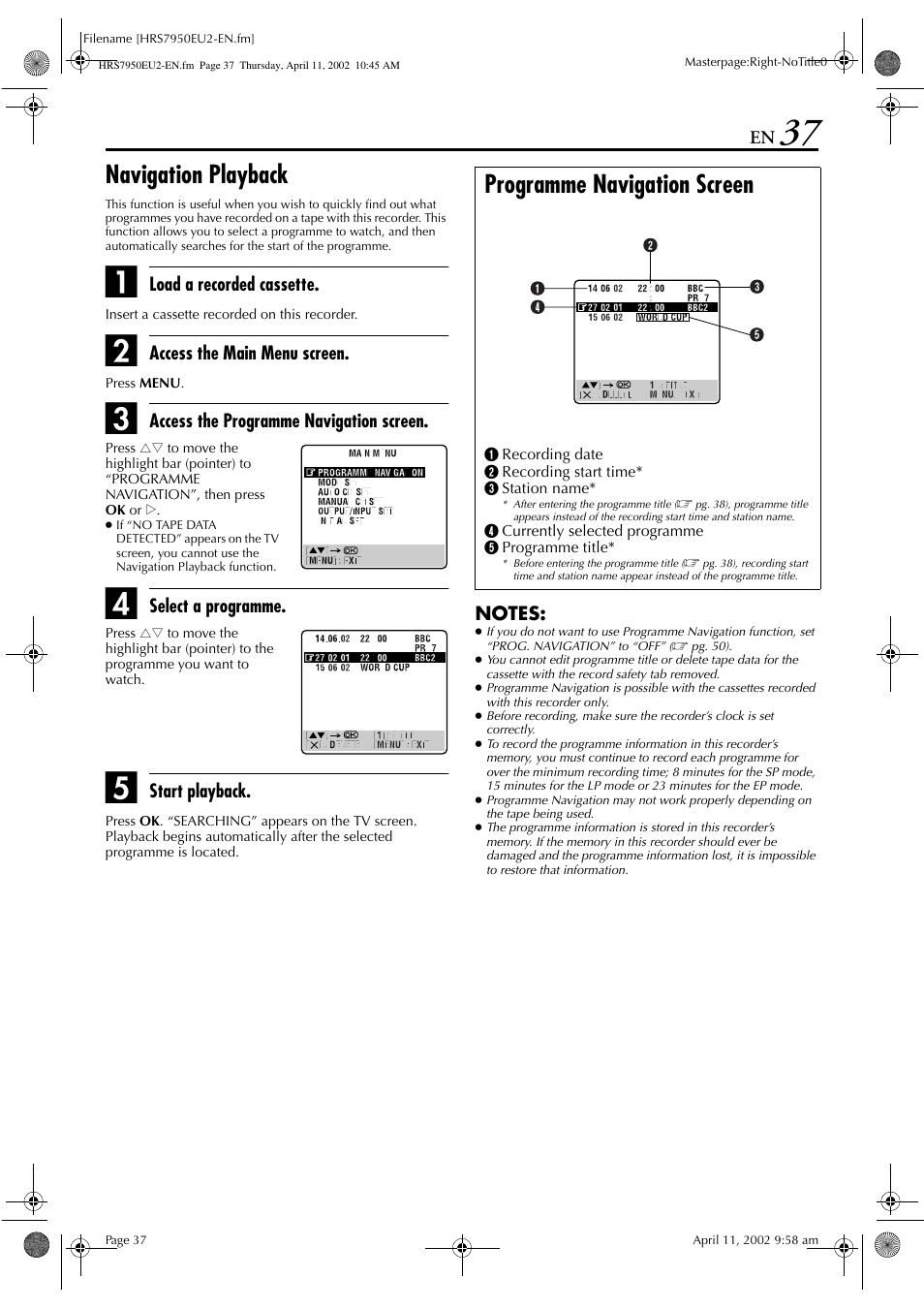 Navigation playback, Programme navigation screen | JVC HR - S7950EU User Manual | Page 37 / 72