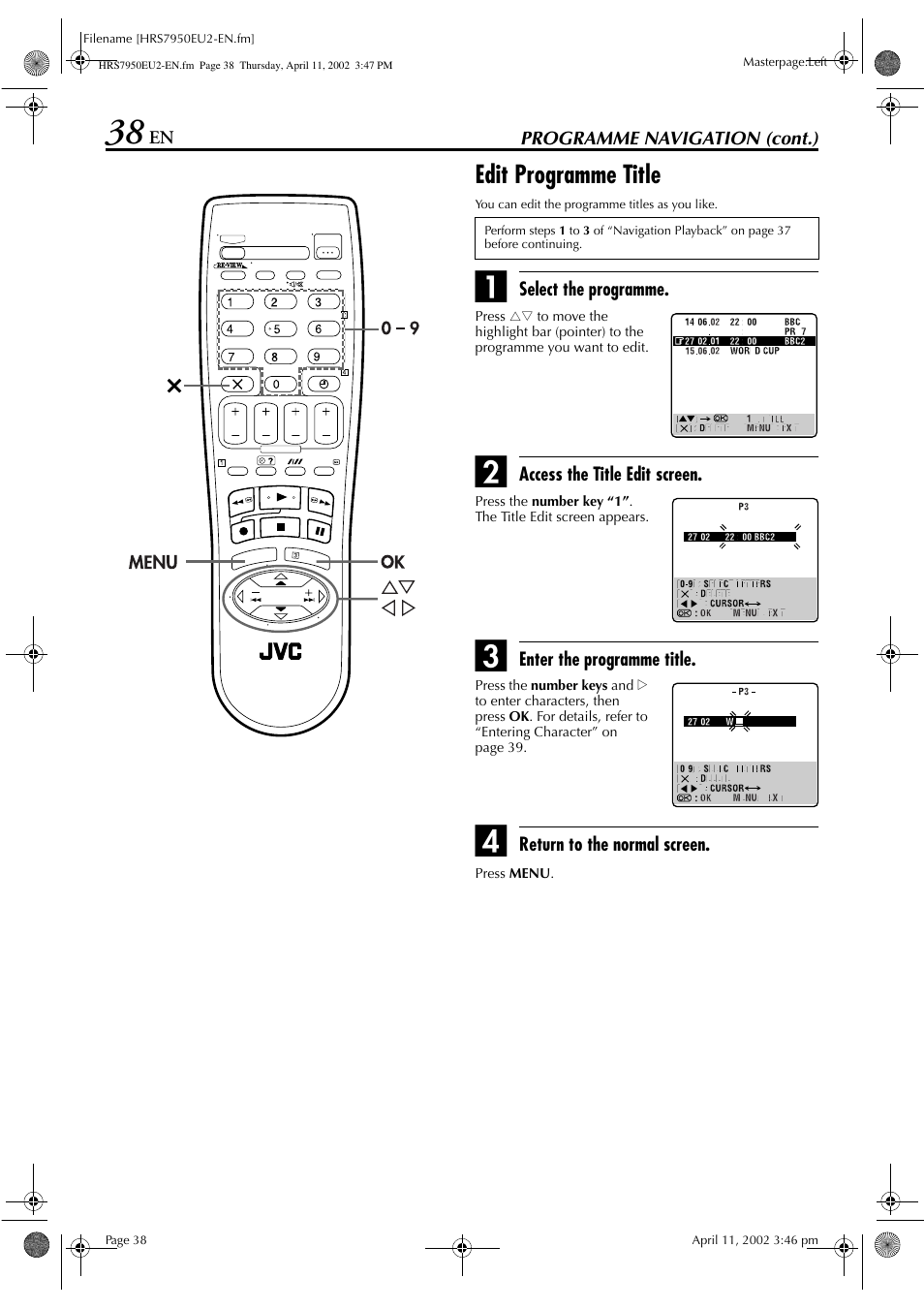 Edit programme title | JVC HR - S7950EU User Manual | Page 38 / 72