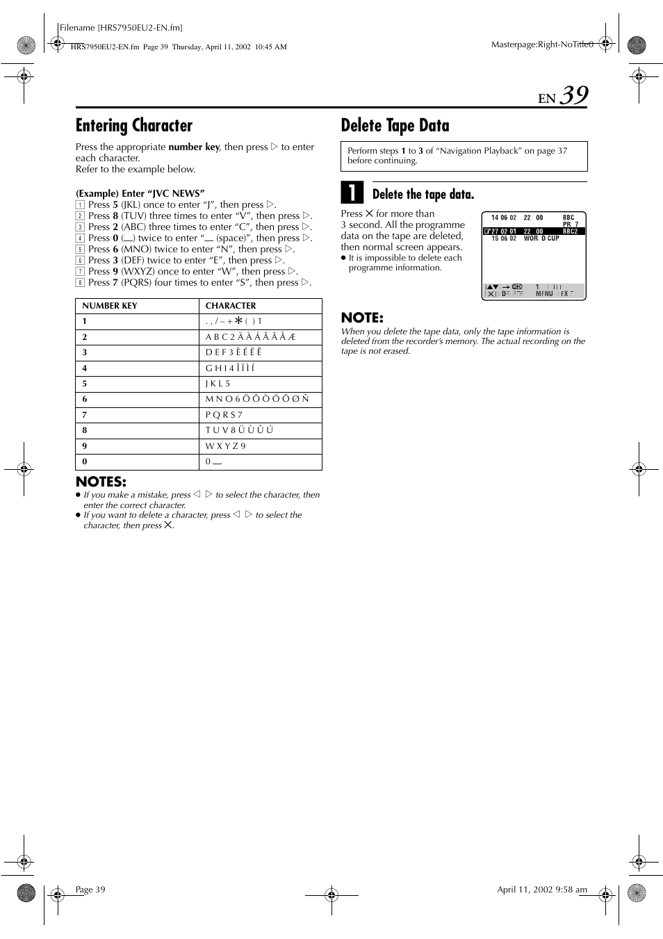 Entering character, Delete tape data | JVC HR - S7950EU User Manual | Page 39 / 72