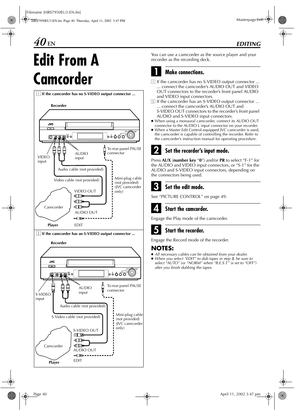 Edit from a camcorder | JVC HR - S7950EU User Manual | Page 40 / 72