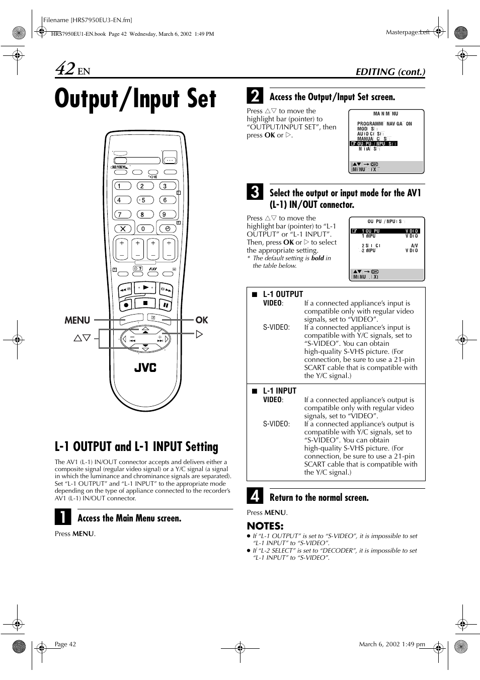 Output/input set, L-1 output and l-1 input setting | JVC HR - S7950EU User Manual | Page 42 / 72
