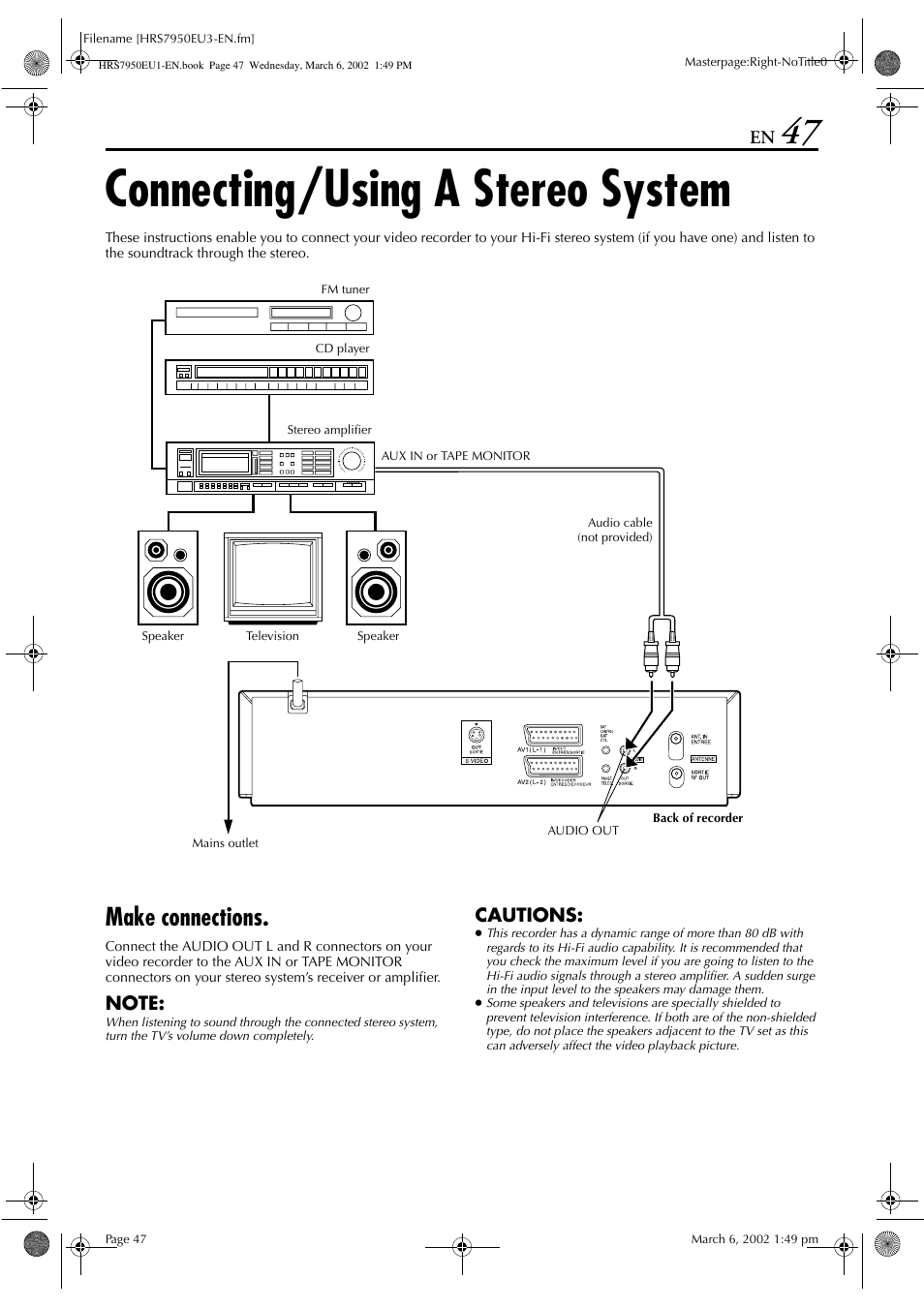 Connecting/using a stereo system, Make connections | JVC HR - S7950EU User Manual | Page 47 / 72