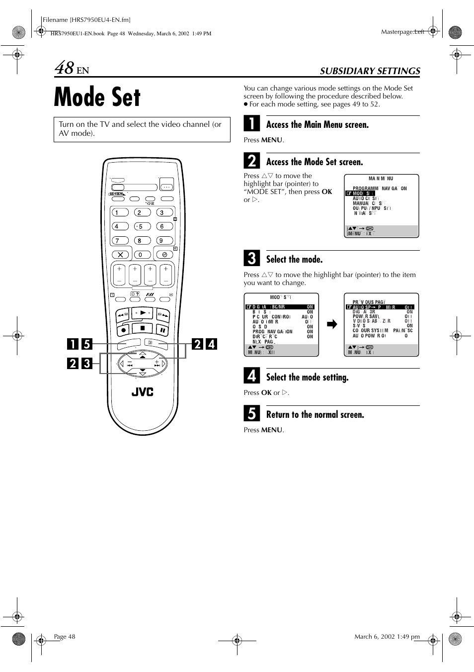 Mode set | JVC HR - S7950EU User Manual | Page 48 / 72