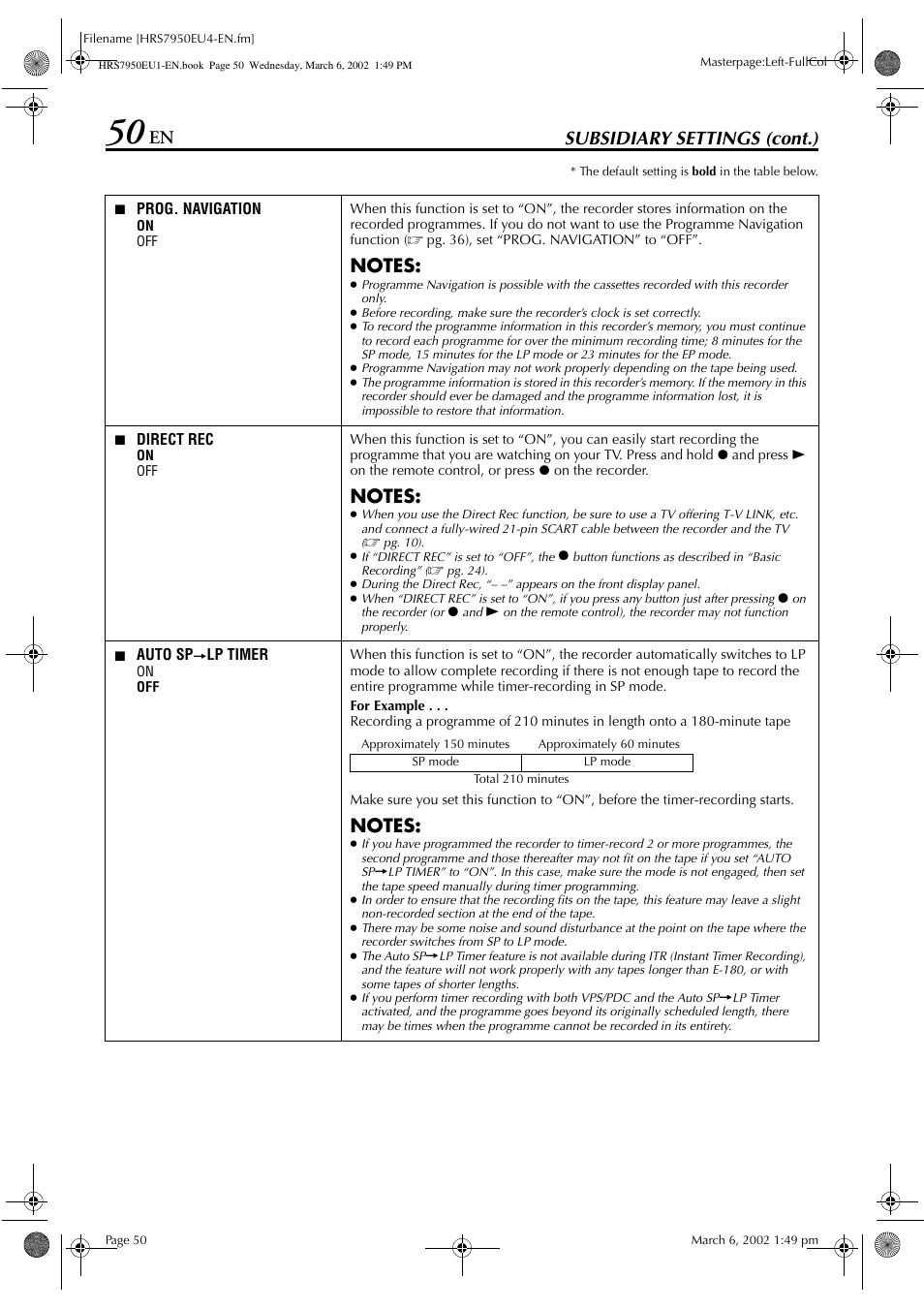Subsidiary settings (cont.) | JVC HR - S7950EU User Manual | Page 50 / 72