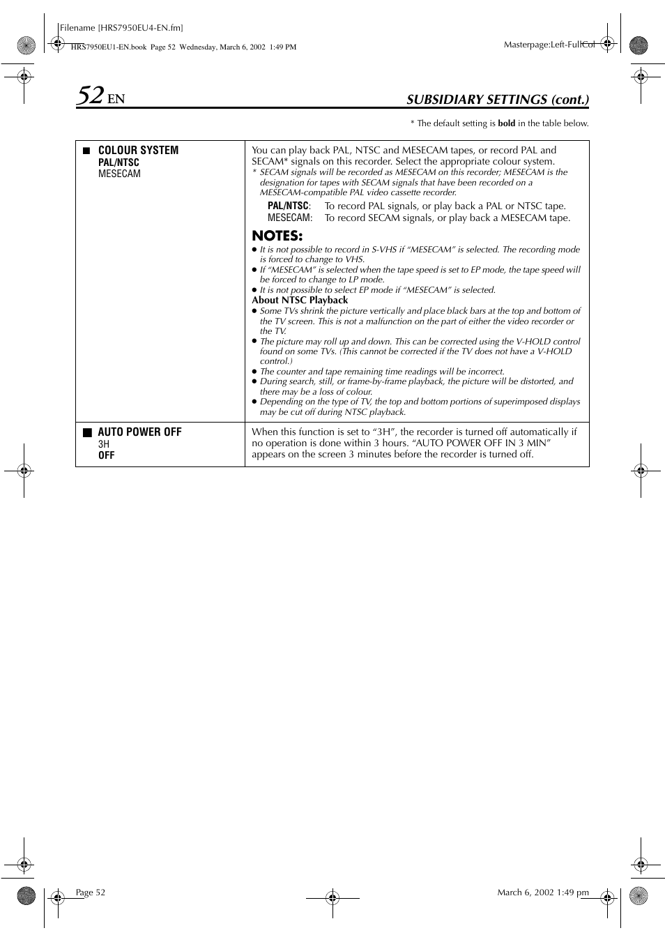 Subsidiary settings (cont.) | JVC HR - S7950EU User Manual | Page 52 / 72