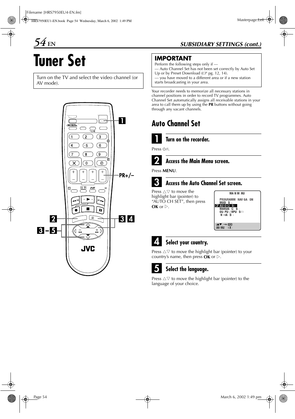 Tuner set, Auto channel set | JVC HR - S7950EU User Manual | Page 54 / 72