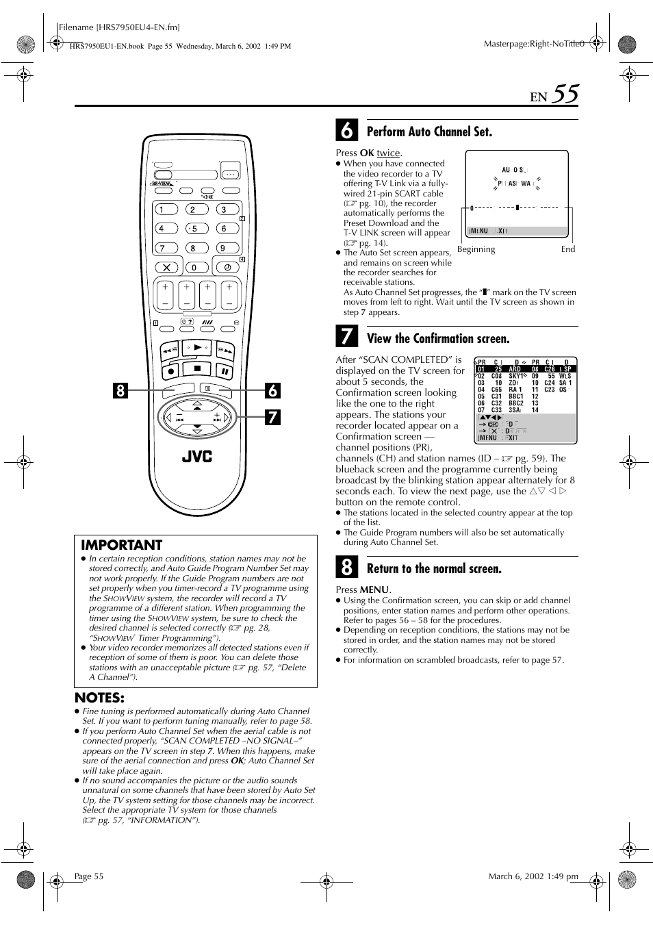 Perform auto channel set, View the confirmation screen, Return to the normal screen | Important | JVC HR - S7950EU User Manual | Page 55 / 72