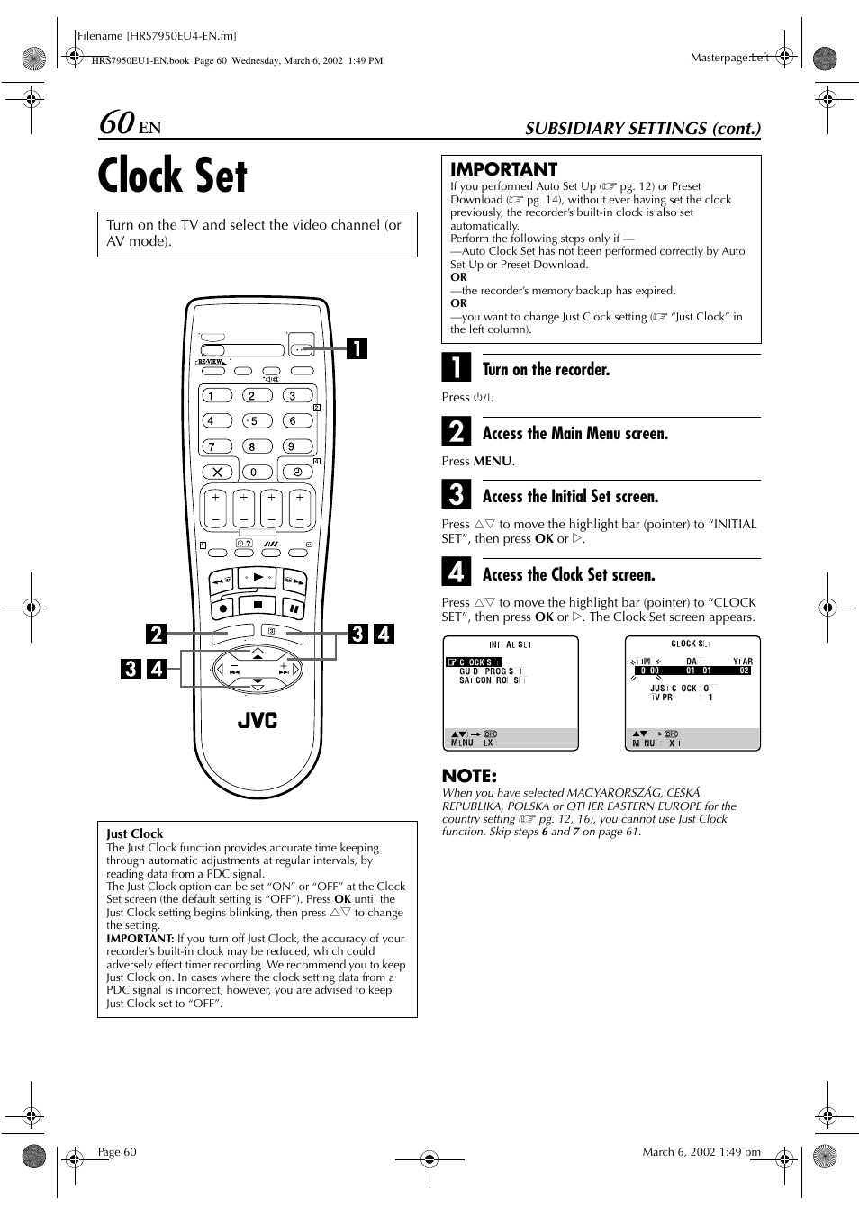 Clock set | JVC HR - S7950EU User Manual | Page 60 / 72