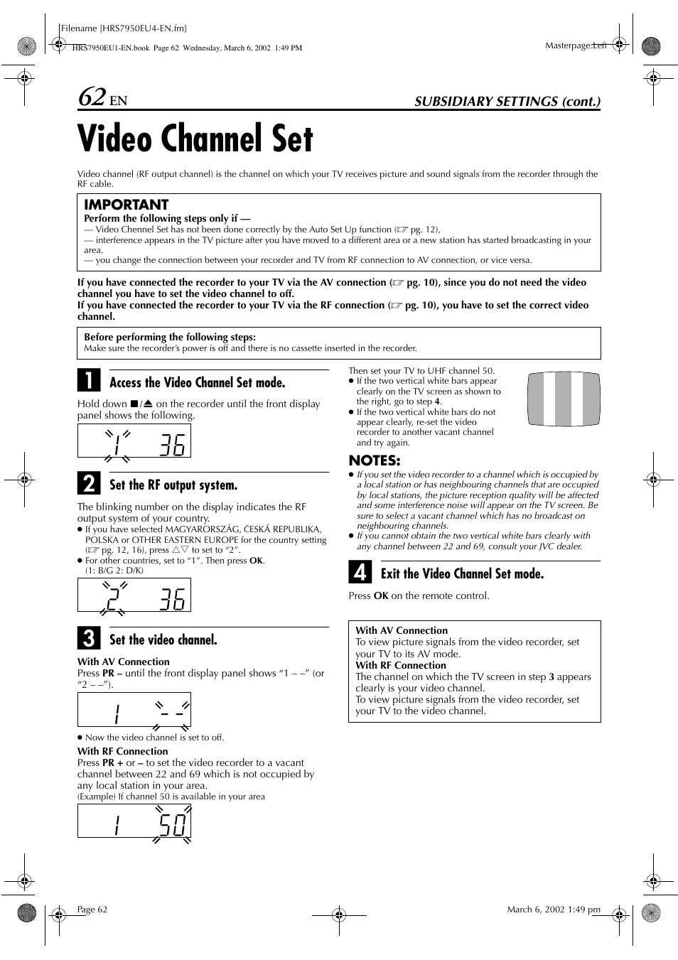 Video channel set | JVC HR - S7950EU User Manual | Page 62 / 72