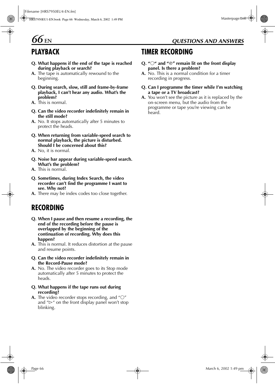 Questions and answers, Playback, Recording | Timer recording | JVC HR - S7950EU User Manual | Page 66 / 72