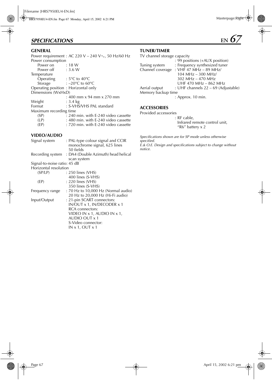 Specifications | JVC HR - S7950EU User Manual | Page 67 / 72