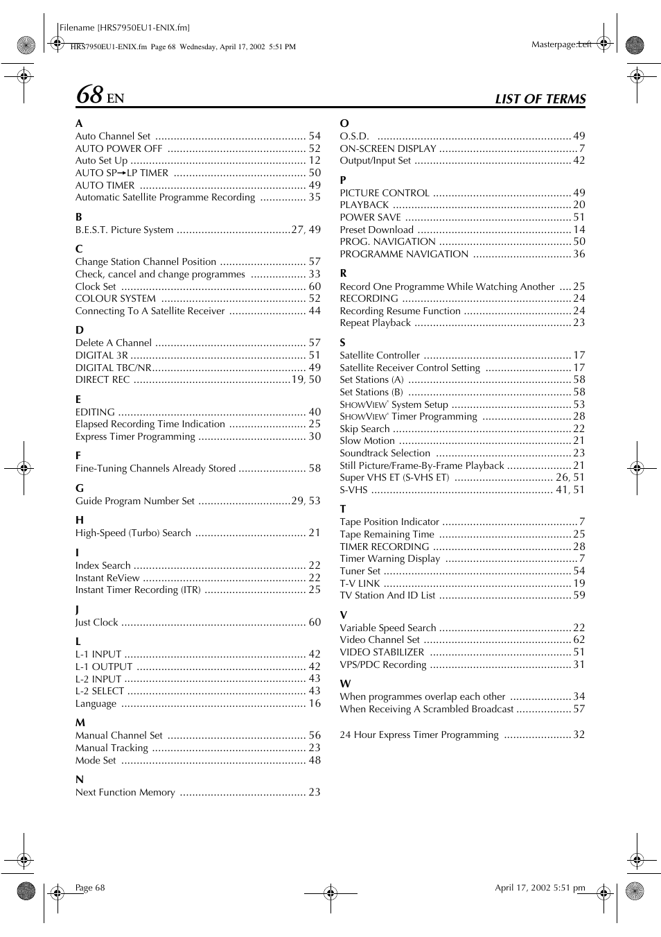 List of terms | JVC HR - S7950EU User Manual | Page 68 / 72
