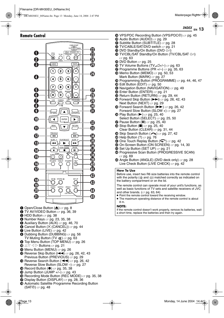 Remote control | JVC ShowView LPT0923-001A User Manual | Page 13 / 88