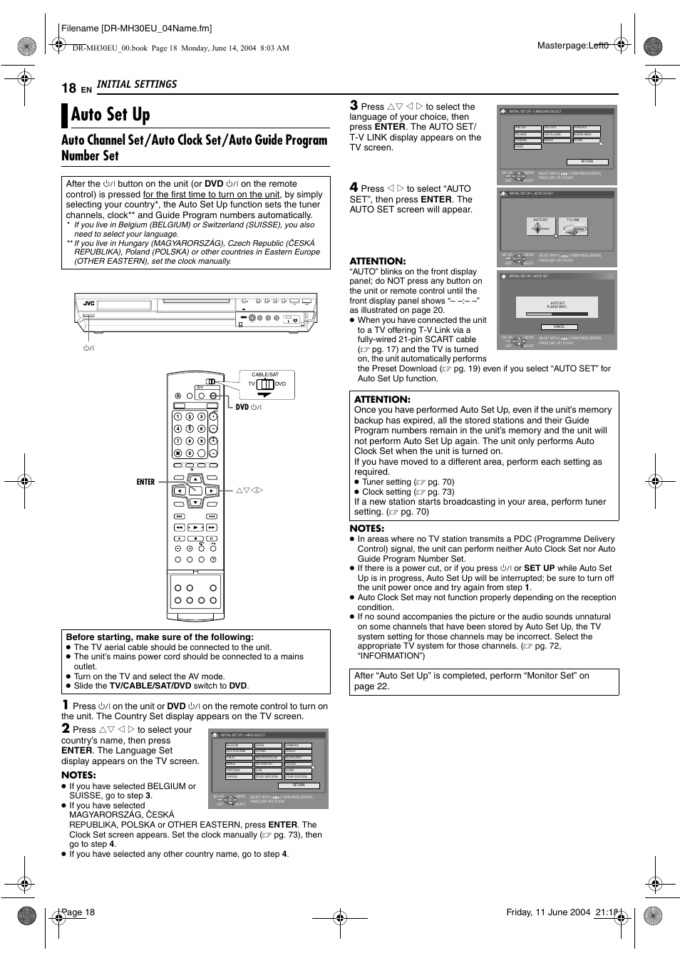 Initial settings, Auto set up | JVC ShowView LPT0923-001A User Manual | Page 18 / 88