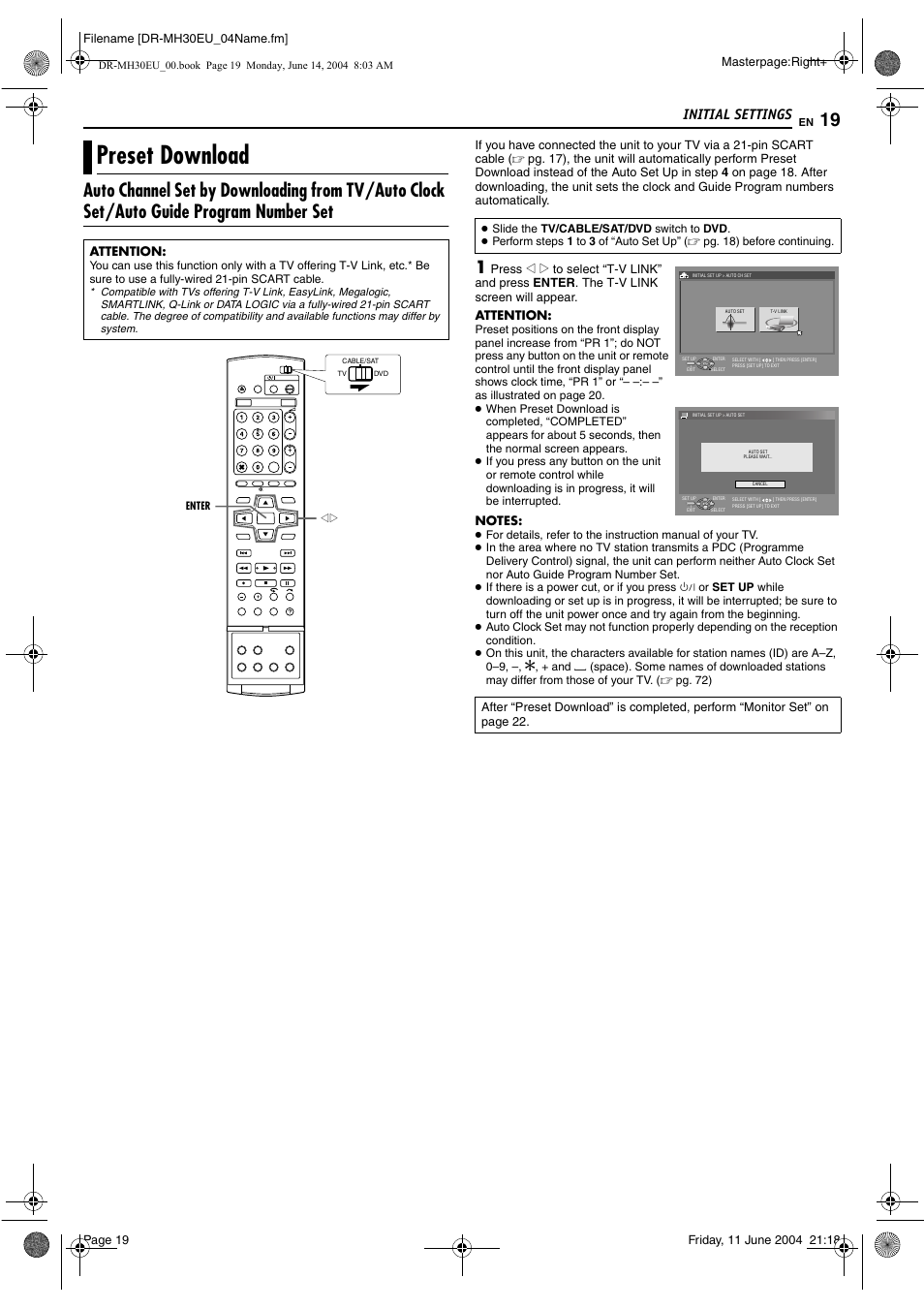 Preset download, Pg. 19), Pg. 19) e | Initial settings | JVC ShowView LPT0923-001A User Manual | Page 19 / 88