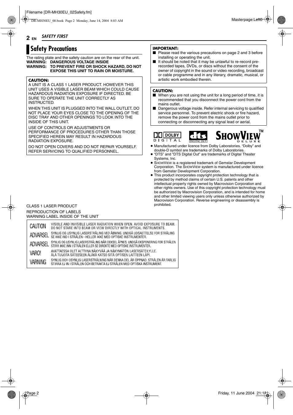 Safety first, Safety precautions | JVC ShowView LPT0923-001A User Manual | Page 2 / 88