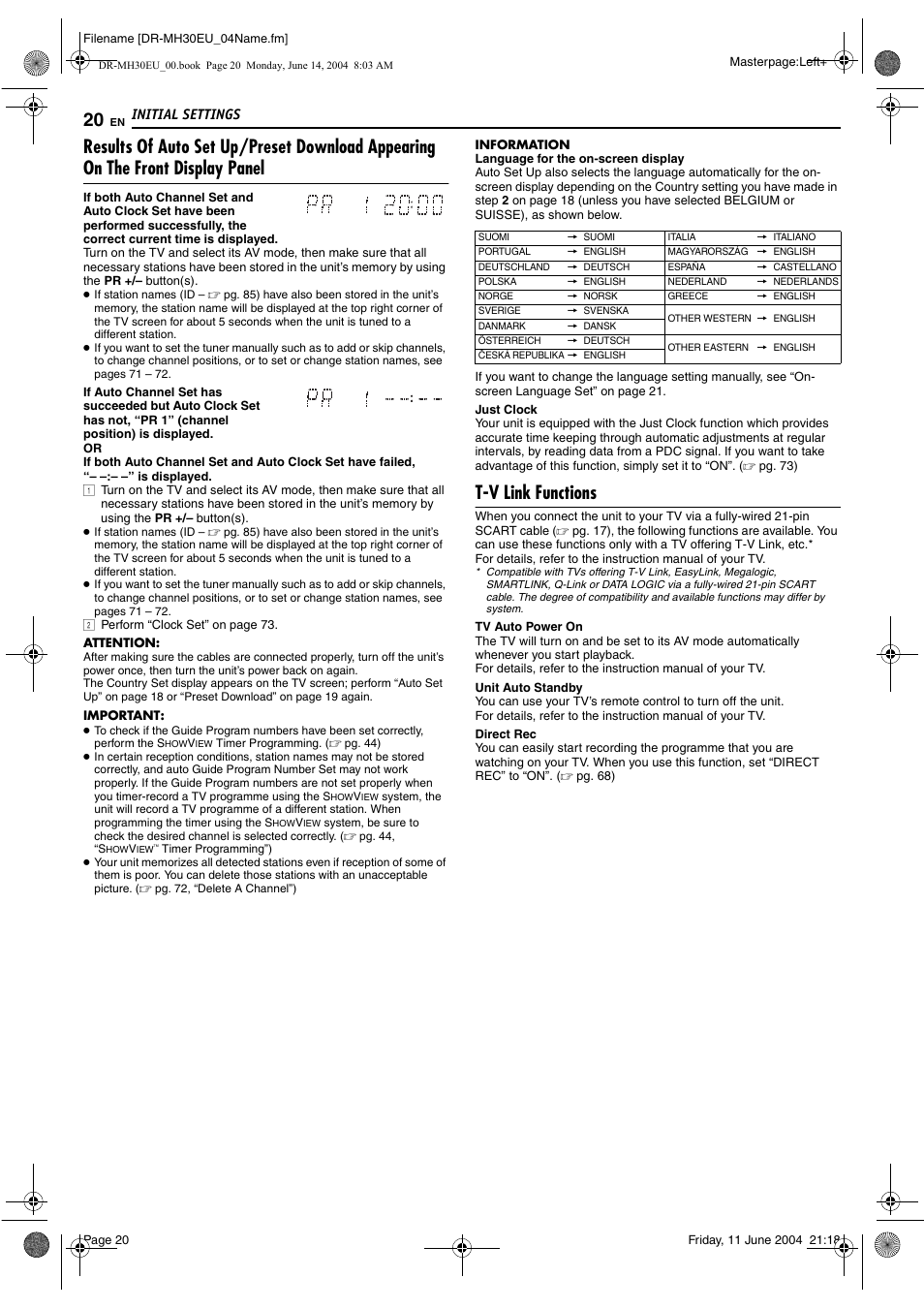 T-v link functions, Initial settings | JVC ShowView LPT0923-001A User Manual | Page 20 / 88