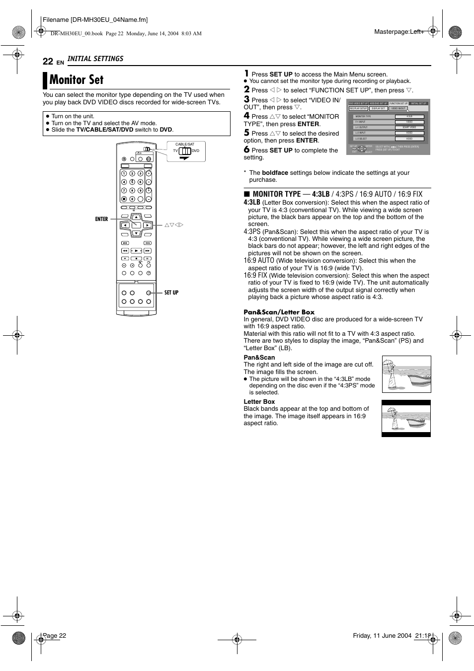 Monitor set, Monitor set” on, Initial settings | 9 auto, 9 fix | JVC ShowView LPT0923-001A User Manual | Page 22 / 88