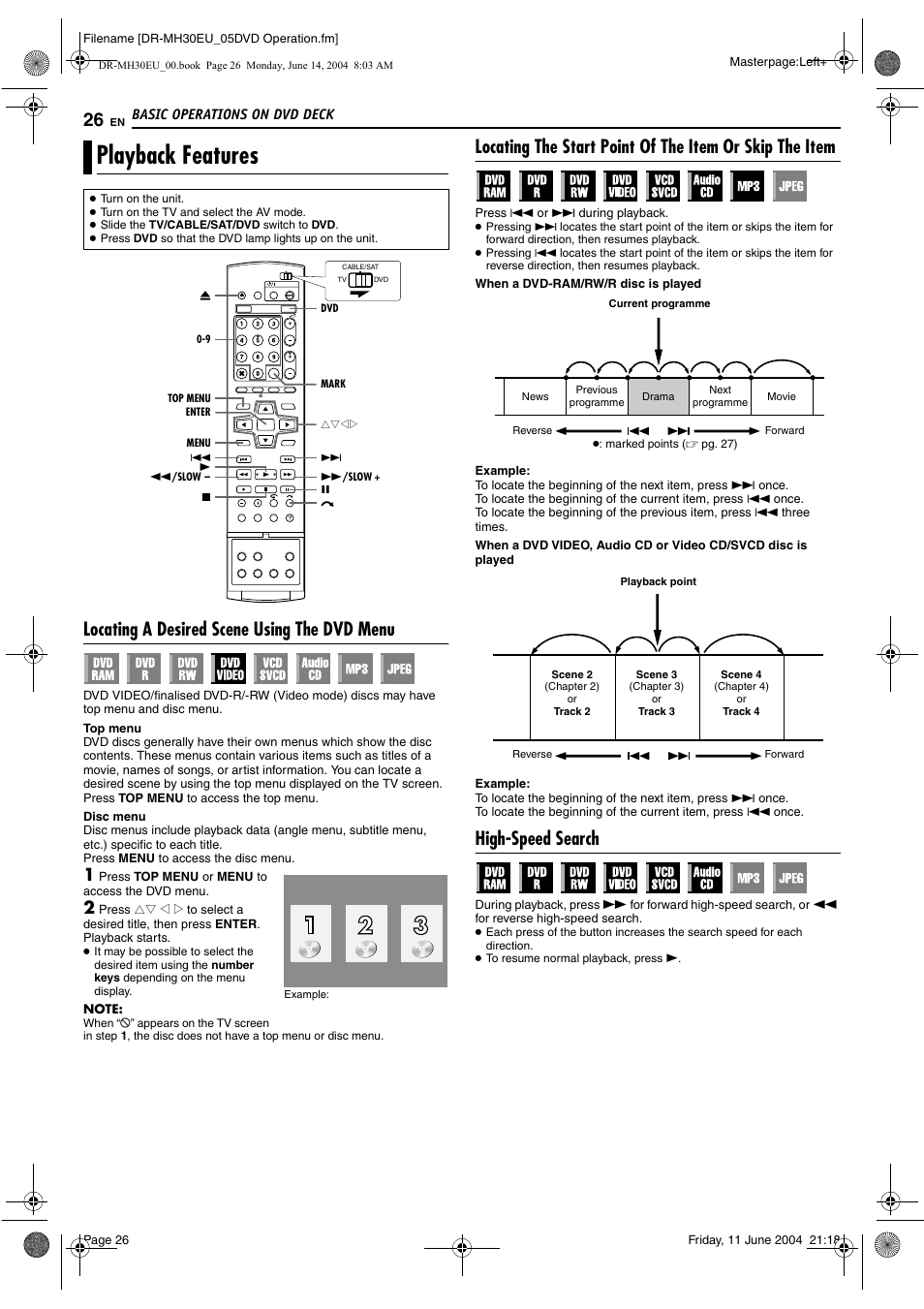 Playback features, Locating a desired scene using the dvd menu, High-speed search | Pg. 26, Menu), Pg. 26, 42, Pg. 26, 4, Locating a desired scene, Using the dvd menu, Pg. 26) | JVC ShowView LPT0923-001A User Manual | Page 26 / 88