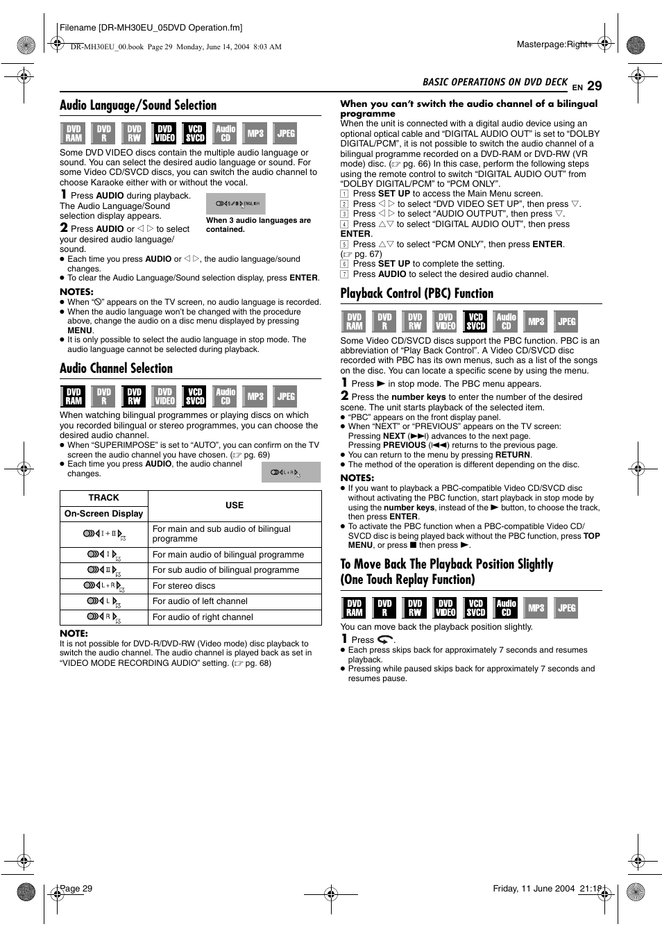 Audio language/sound selection, Audio channel selection, Playback control (pbc) function | Pg. 29), Pg. 29, Eturn), Pg. 29, 44, Pg. 29) or | JVC ShowView LPT0923-001A User Manual | Page 29 / 88