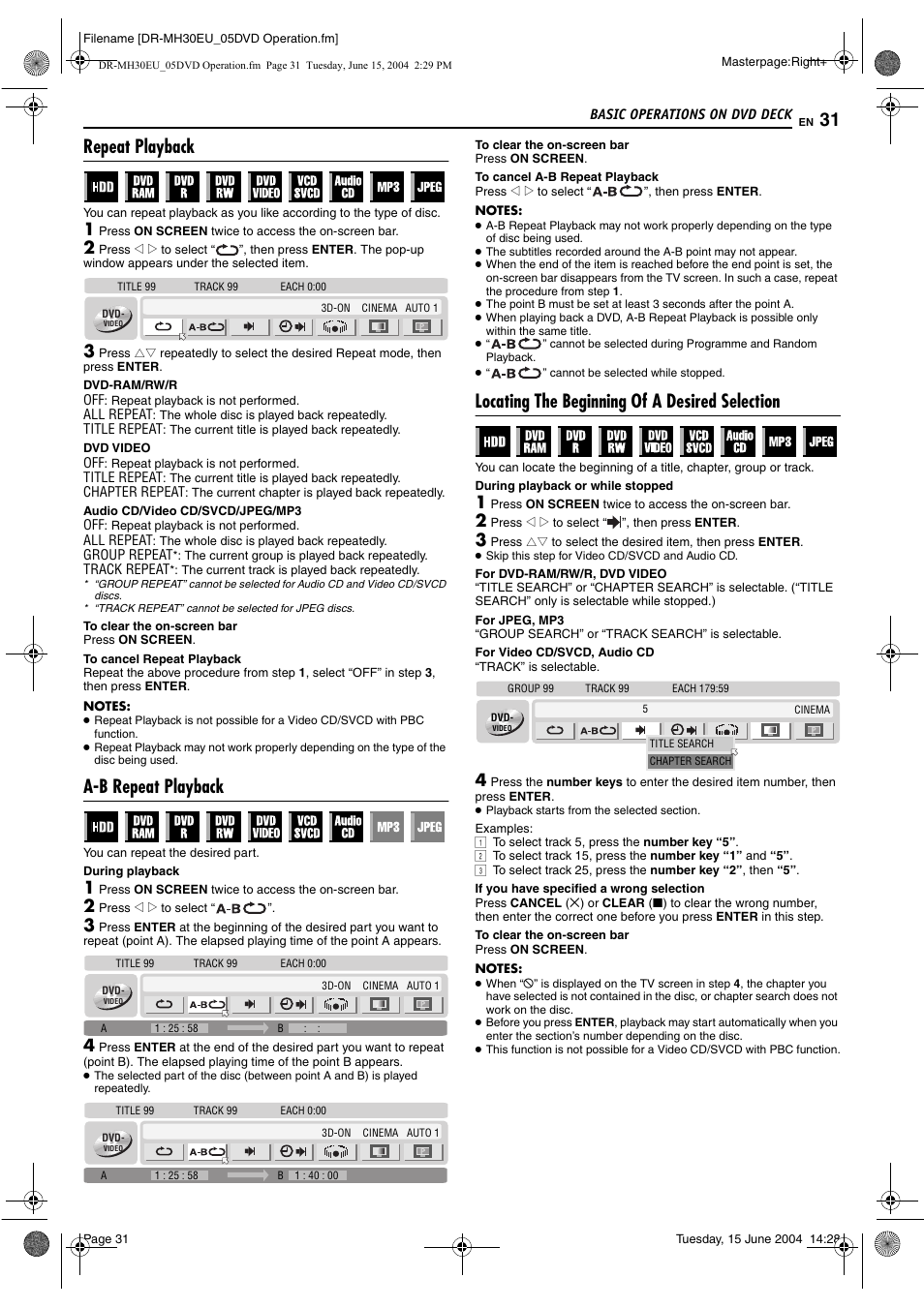 Repeat playback, A-b repeat playback, Locating the beginning of a desired selection | 1/a–b), Pg. 31, Clear), Pg. 31, 44, K. (੬ pg. 31), Pg. 31), R search function. (੬ pg. 31) | JVC ShowView LPT0923-001A User Manual | Page 31 / 88