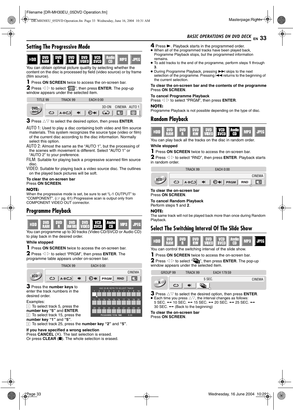 Setting the progressive mode, Programme playback, Random playback | Select the switching interval of the slide show, Pg. 33, Pg. 33), K. (੬ pg. 33) | JVC ShowView LPT0923-001A User Manual | Page 33 / 88