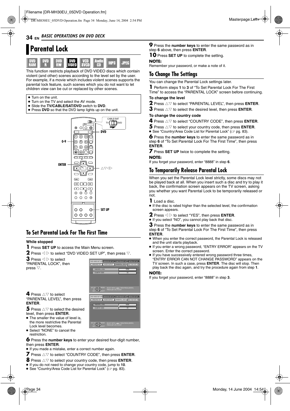 Parental lock, To set parental lock for the first time, To change the settings | To temporarily release parental lock, Pg. 34), Basic operations on dvd deck | JVC ShowView LPT0923-001A User Manual | Page 34 / 88