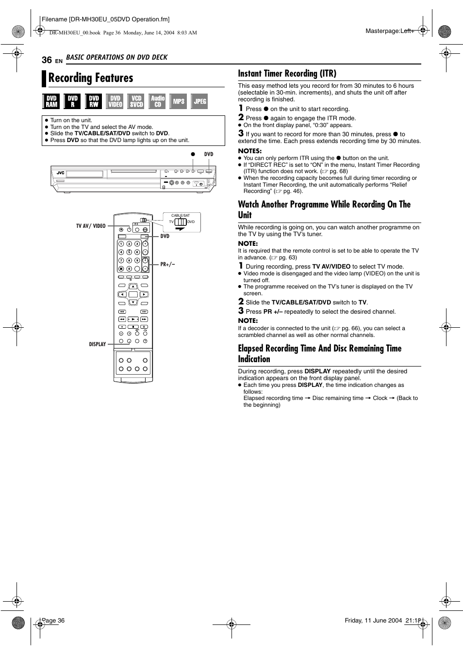 Recording features, Instant timer recording (itr), O lamp (video) | Pg. 36, Pg. 36, 39, Pg. 36) or time | JVC ShowView LPT0923-001A User Manual | Page 36 / 88