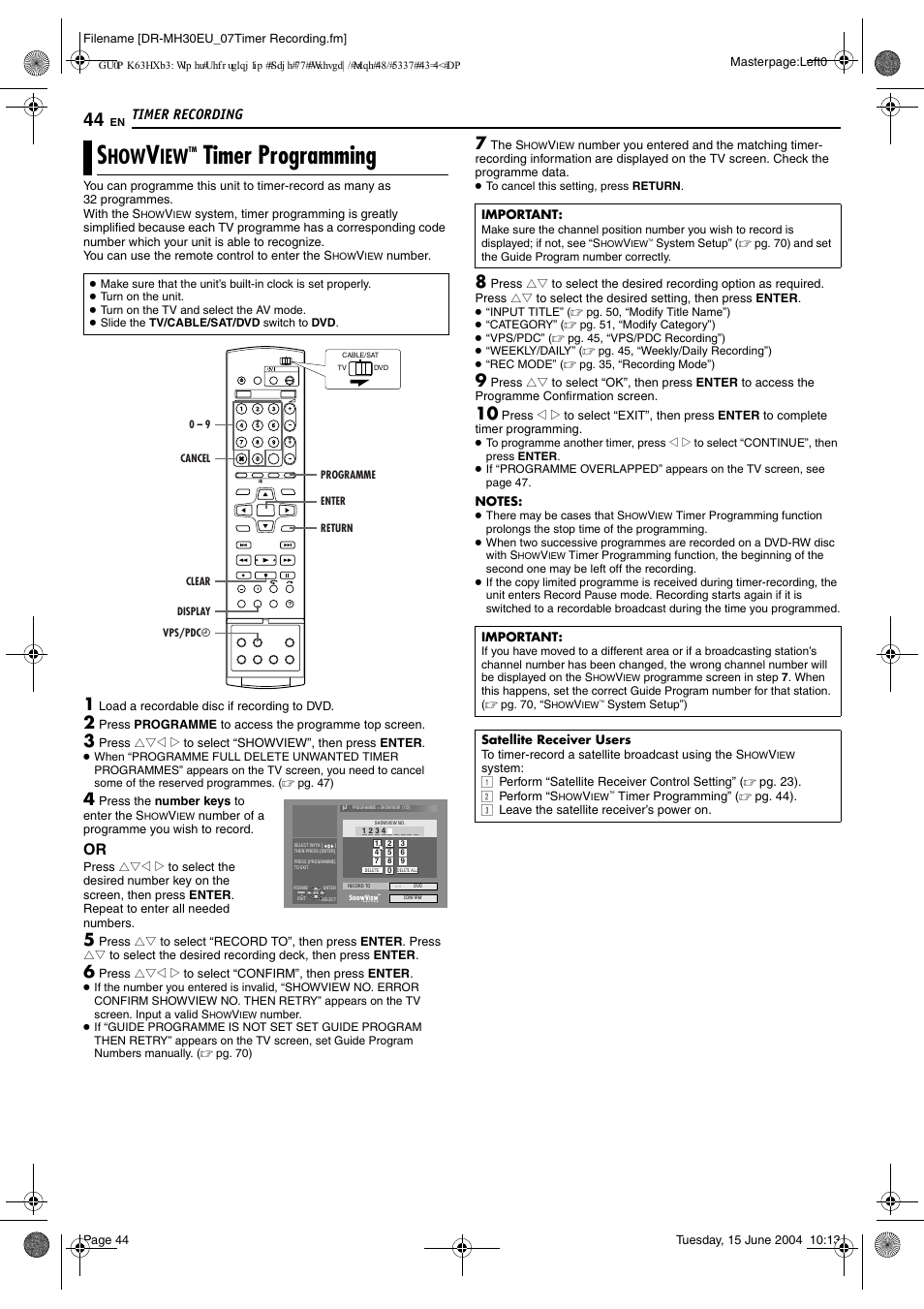 Timer recording, Showviewtm timer programming, Timer programming | Pg. 44, Pg. 44, 46, 47, Mming, Pg. 44), Timer programming”), Pg. 44) or man, R recording (੬ pg. 44, 46), th | JVC ShowView LPT0923-001A User Manual | Page 44 / 88