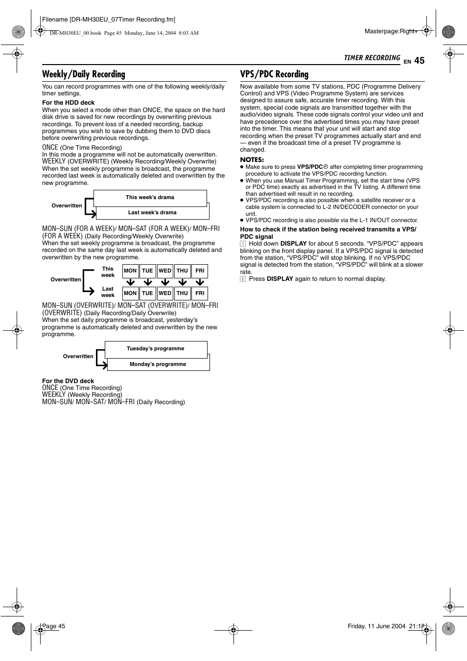 Weekly/daily recording, Vps/pdc recording, Pg. 45) | Pg. 45, G indicator | JVC ShowView LPT0923-001A User Manual | Page 45 / 88