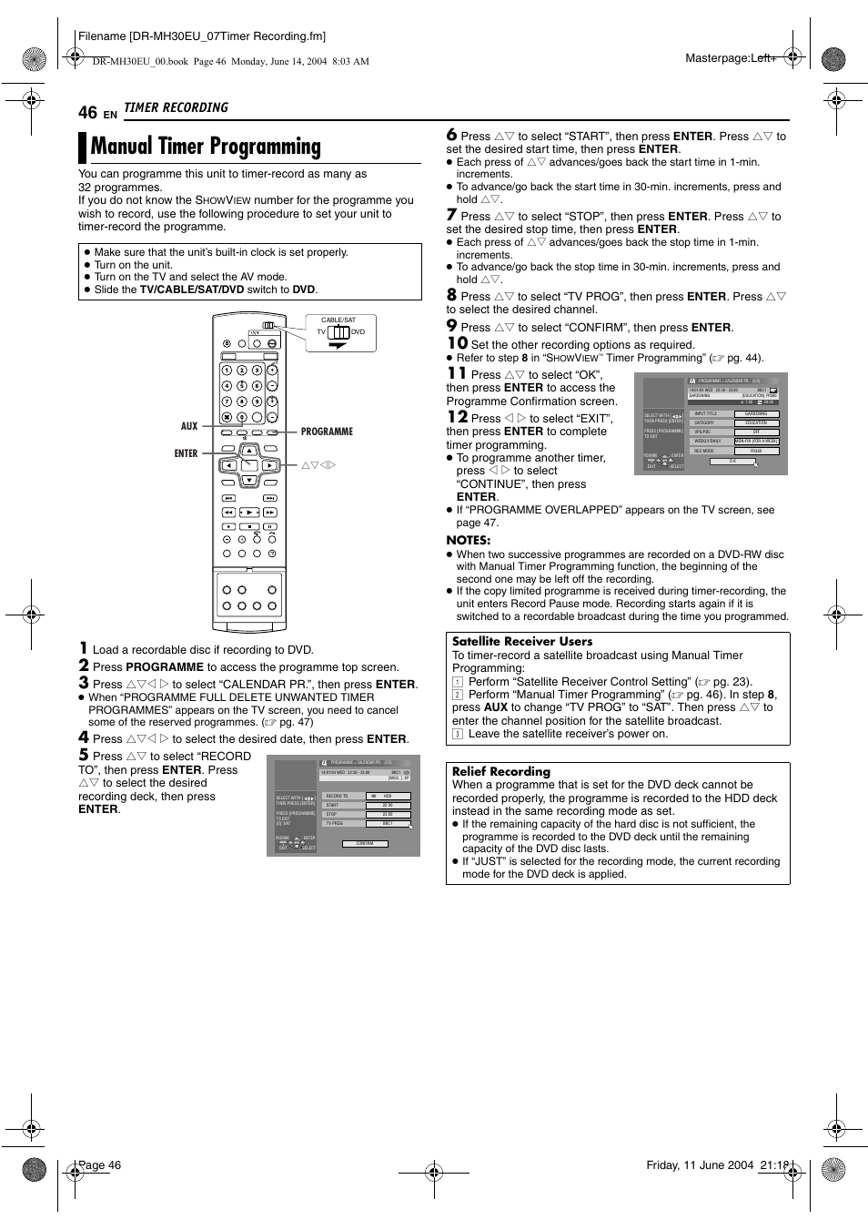 Manual timer programming, Pg. 46, 70, Mming | Pg. 46), Relief recording, Timer recording | JVC ShowView LPT0923-001A User Manual | Page 46 / 88