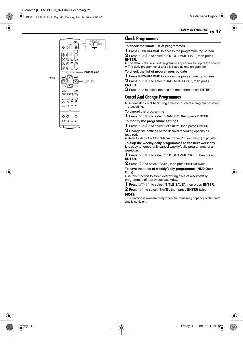 Check programmes, Cancel and change programmes, Pg. 47) | JVC ShowView LPT0923-001A User Manual | Page 47 / 88