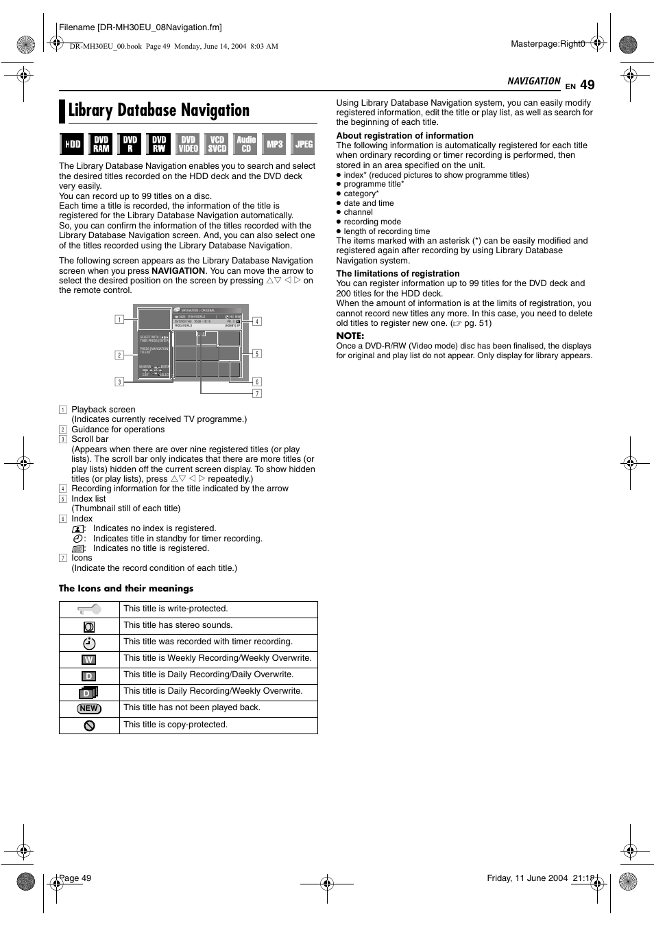 Navigation, Library database navigation, Navigation 49 | Pg. 49, Pg. 49) t | JVC ShowView LPT0923-001A User Manual | Page 49 / 88