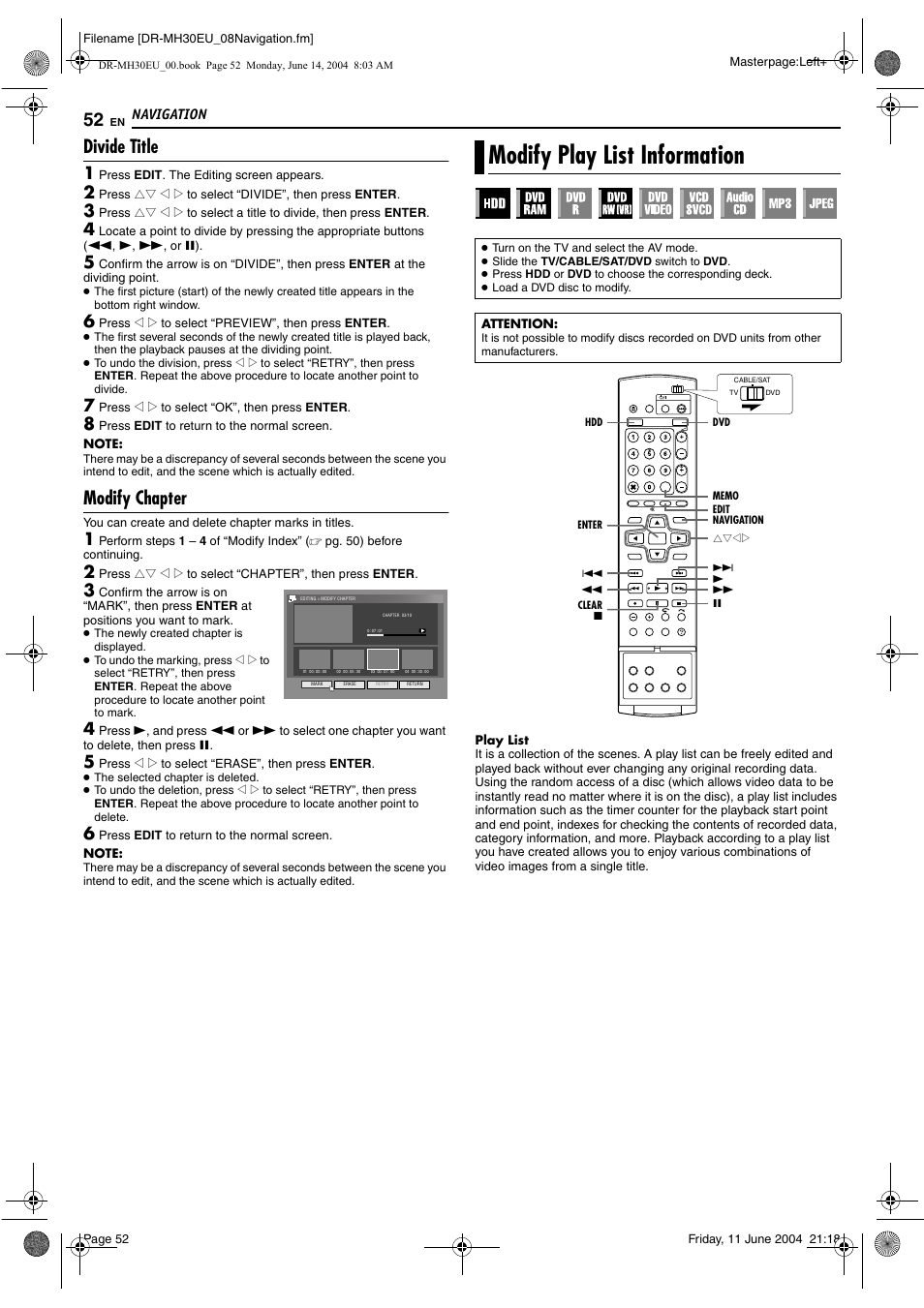 Divide title, Modify chapter, Modify play list information | JVC ShowView LPT0923-001A User Manual | Page 52 / 88