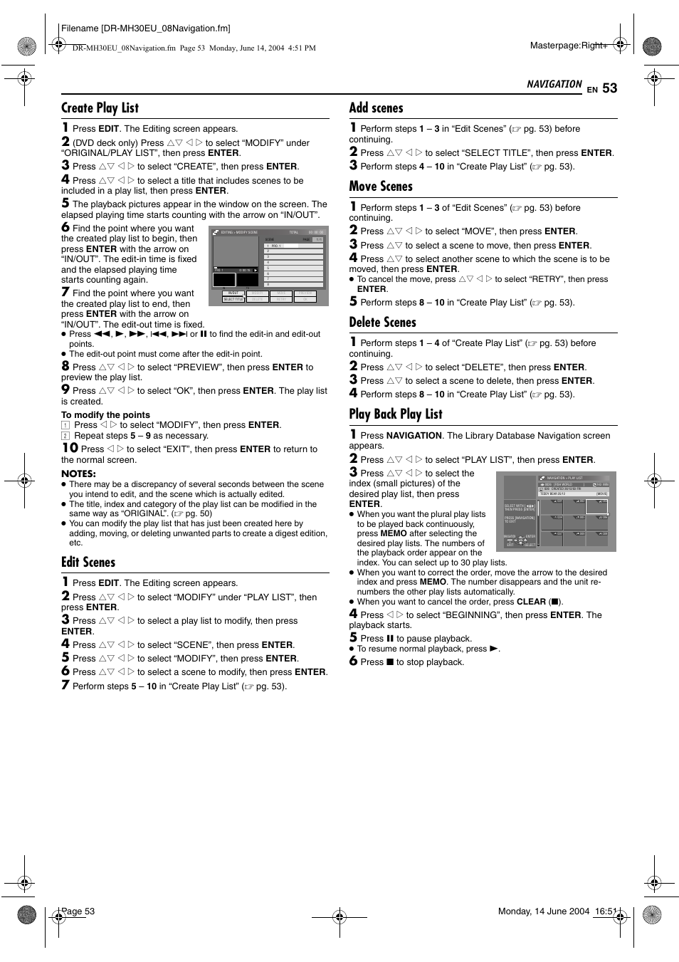 Create play list, Edit scenes, Add scenes | Move scenes, Delete scenes, Play back play list, Navigation | JVC ShowView LPT0923-001A User Manual | Page 53 / 88