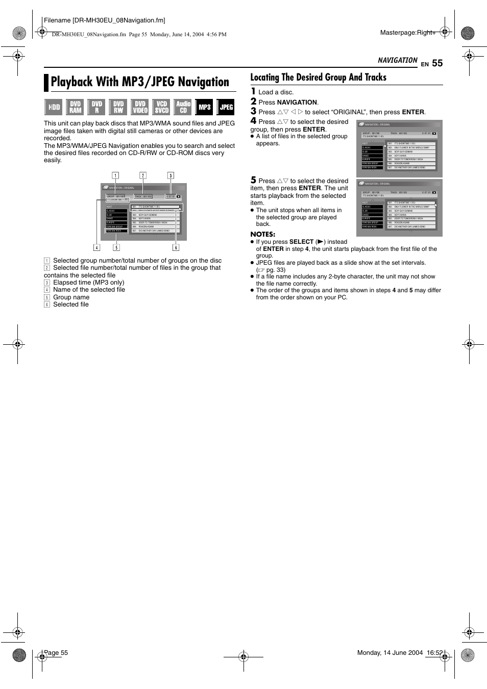 Playback with mp3/jpeg navigation, Locating the desired group and tracks, Is unit | Pg. 55), Navigation, Masterpage:right, Filename [dr-mh30eu_08navigation.fm, Load a disc, Press navigation | JVC ShowView LPT0923-001A User Manual | Page 55 / 88