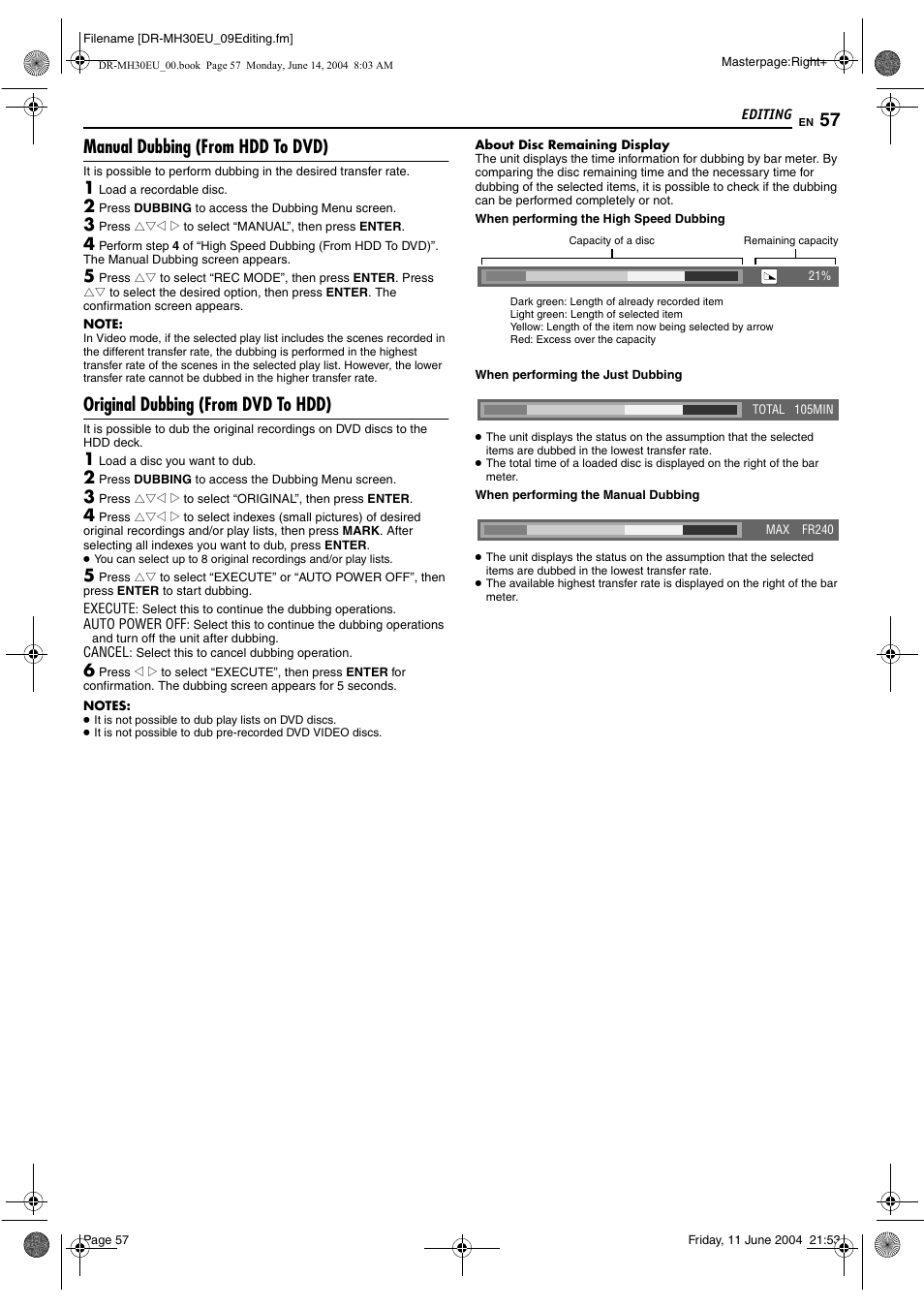 Manual dubbing (from hdd to dvd), Original dubbing (from dvd to hdd) | JVC ShowView LPT0923-001A User Manual | Page 57 / 88