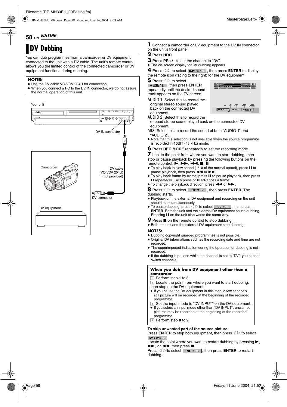 Dv dubbing, Pg. 58, Pg. 58, “dv dubbing”) | Pg. 58), Editing | JVC ShowView LPT0923-001A User Manual | Page 58 / 88