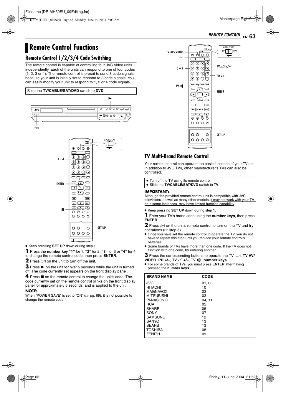 Remote control, Remote control functions, Remote control 1/2/3/4 code switching | Tv multi-brand remote control, Pg. 63, Pg. 63, 64), Pg. 63) | JVC ShowView LPT0923-001A User Manual | Page 63 / 88
