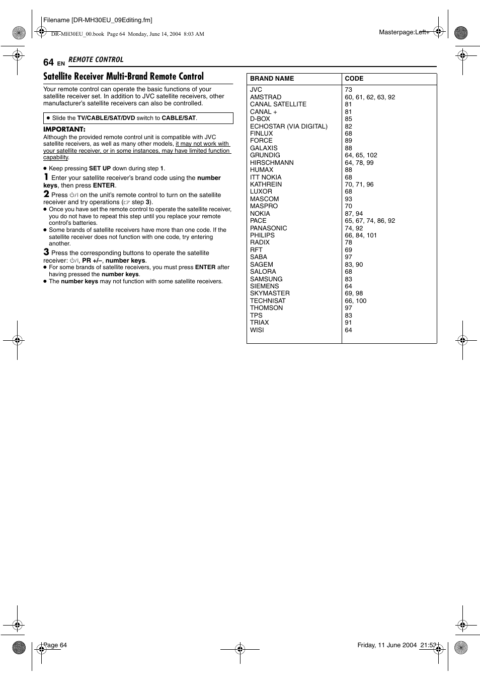 Satellite receiver multi-brand remote control | JVC ShowView LPT0923-001A User Manual | Page 64 / 88