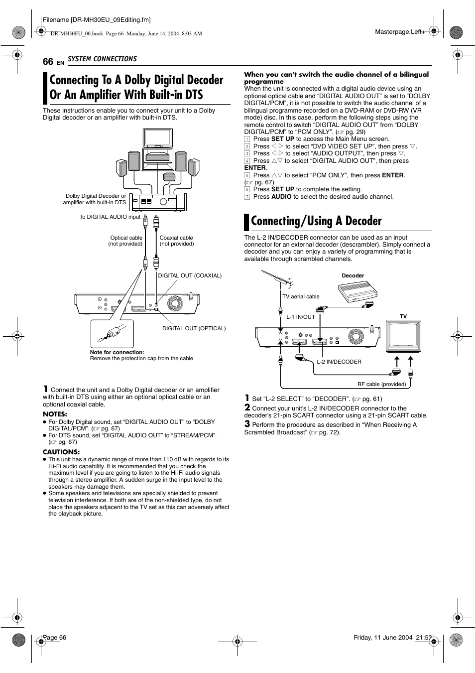 Connecting/using a decoder, Built-in dts, Mode) disc | Pg. 66) in th, Pg. 66) | JVC ShowView LPT0923-001A User Manual | Page 66 / 88