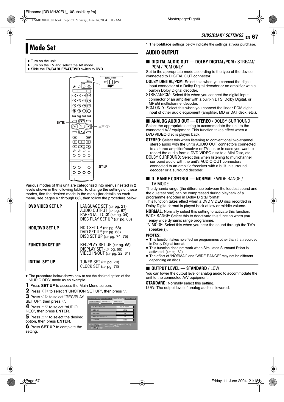 Subsidiary settings, Mode set, Pg. 67) | Audio output | JVC ShowView LPT0923-001A User Manual | Page 67 / 88