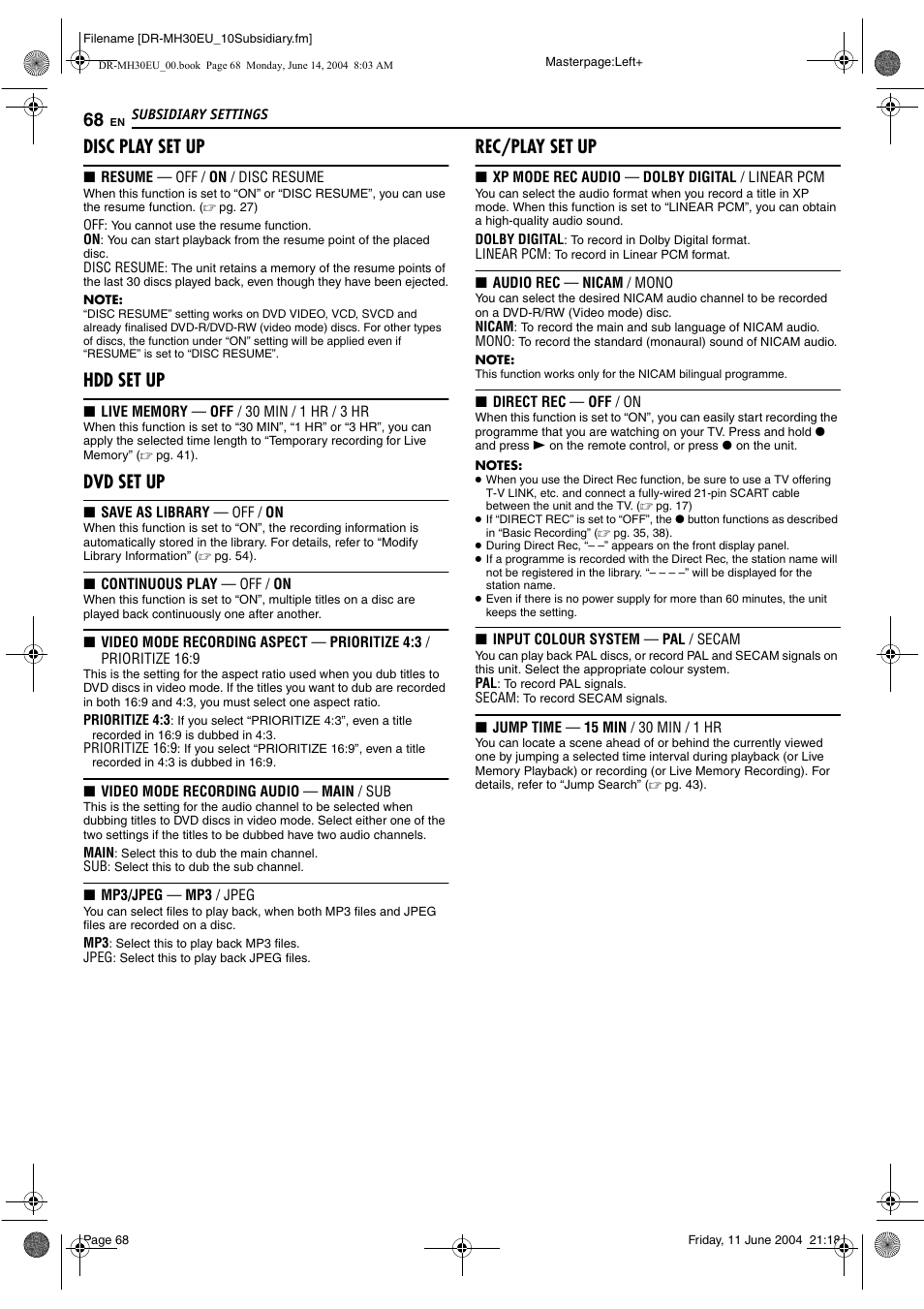Pg. 68), Disc, Disc play set up | Hdd set up, Dvd set up, Rec/play set up | JVC ShowView LPT0923-001A User Manual | Page 68 / 88