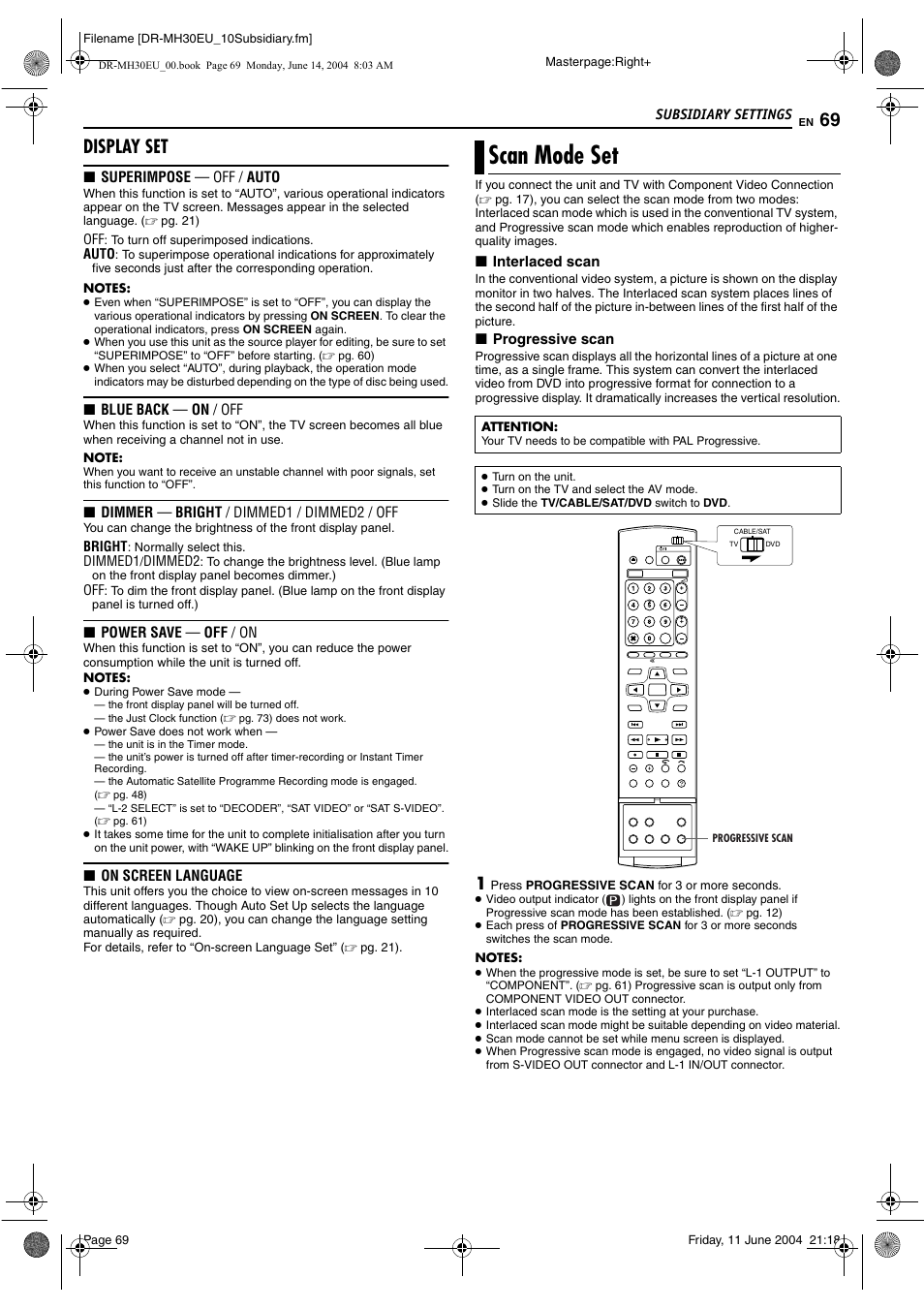 Scan mode set, Pg. 69, Pg. 69) | Display set | JVC ShowView LPT0923-001A User Manual | Page 69 / 88