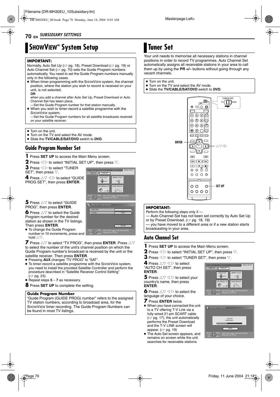 Showviewtm system setup, Guide program number set, Tuner set | Auto channel set, System setup, Pg. 70), Setting, Subsidiary settings | JVC ShowView LPT0923-001A User Manual | Page 70 / 88