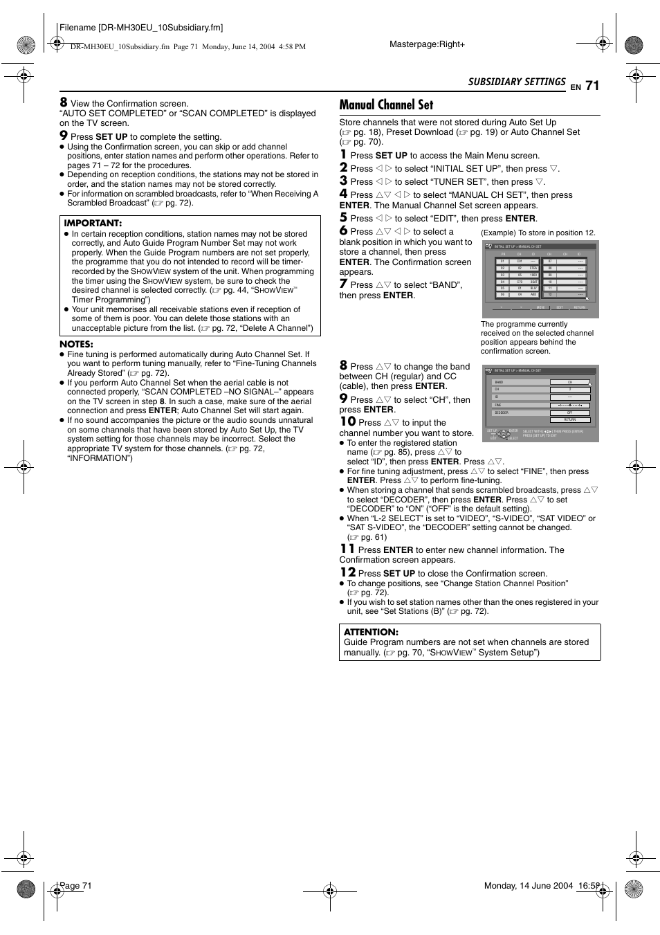 Manual channel set, S 71, Subsidiary settings | JVC ShowView LPT0923-001A User Manual | Page 71 / 88