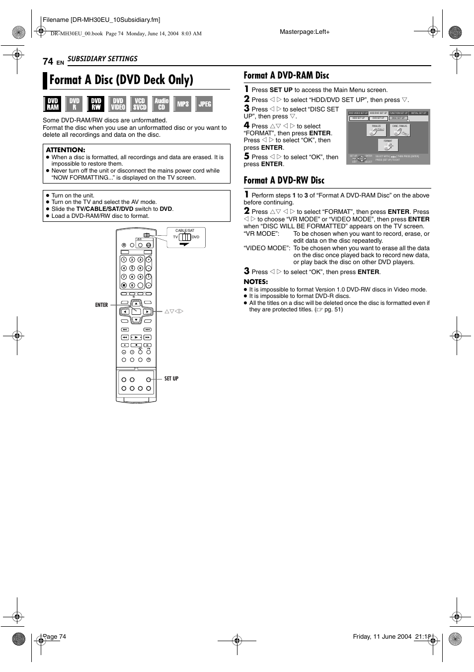 Format a disc (dvd deck only), Format a dvd-ram disc, Format a dvd-rw disc | Pg. 74, Pg. 74), Pg. 74, 75), Subsidiary settings | JVC ShowView LPT0923-001A User Manual | Page 74 / 88