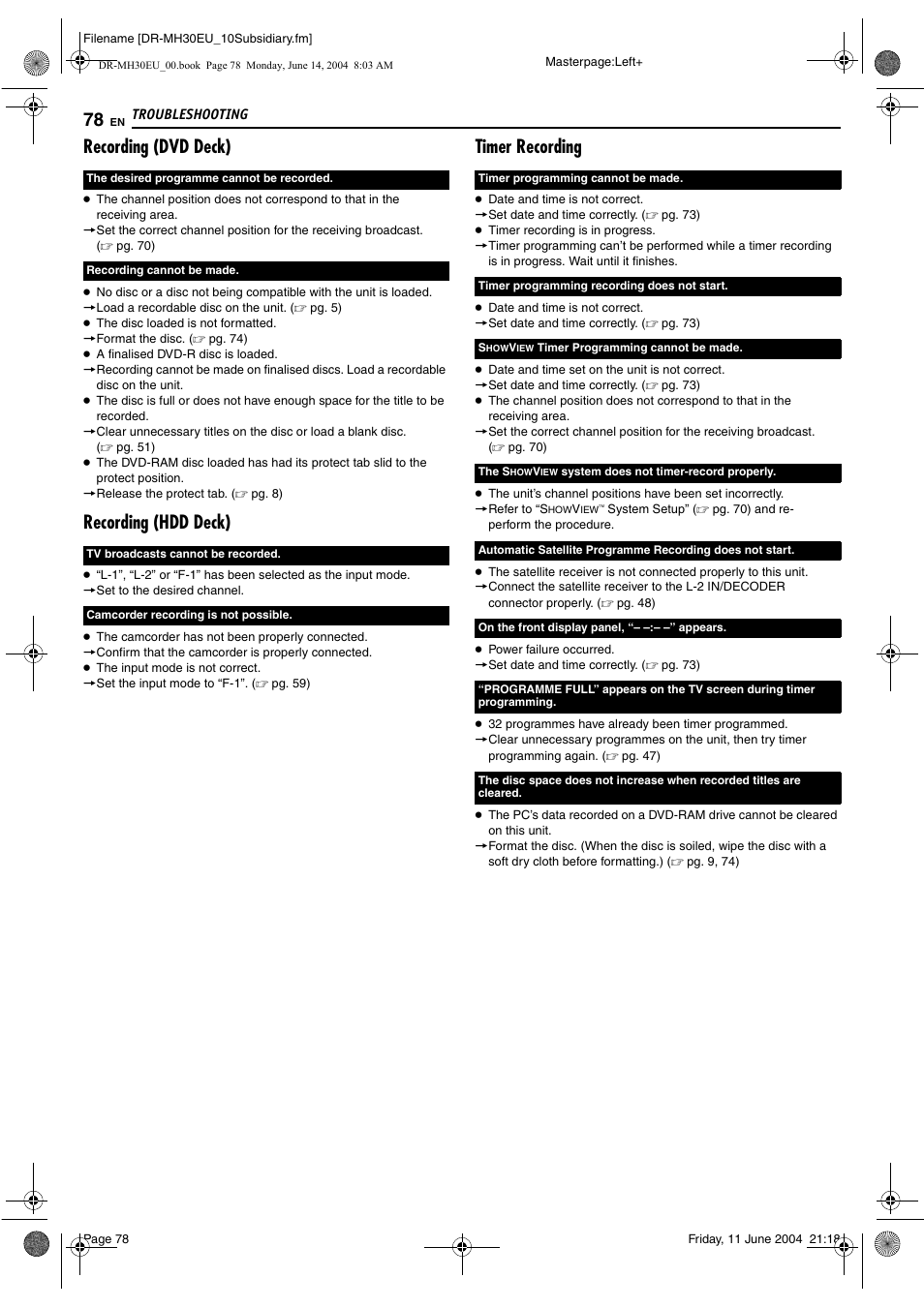 Recording (dvd deck), Recording (hdd deck), Timer recording | JVC ShowView LPT0923-001A User Manual | Page 78 / 88